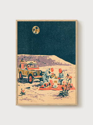 Moonlit Desert Picnic Poster poster in oak frame