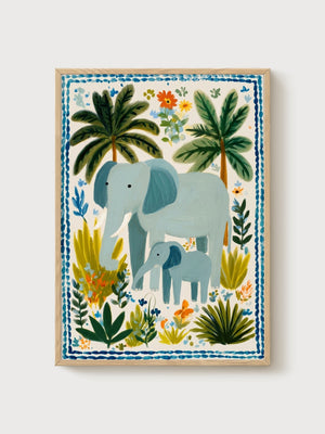 Elephant Family Watercolor Painting poster in oak frame