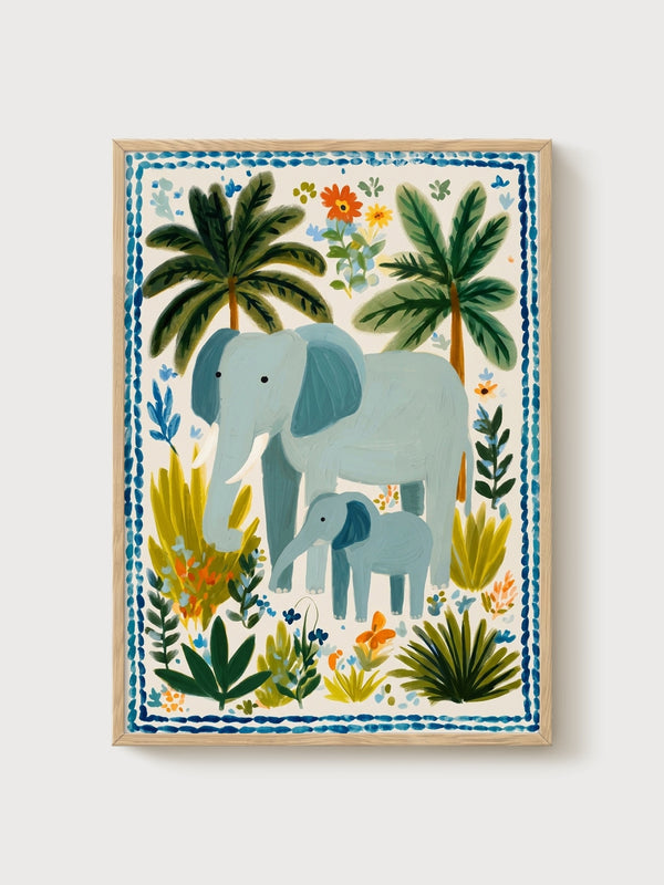 Elephant Family Watercolor Painting poster in oak frame