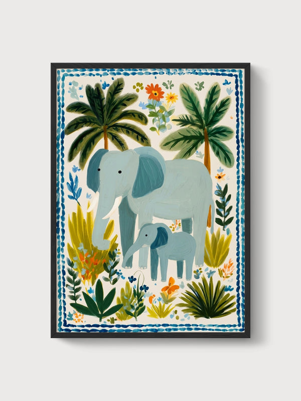 Elephant Family Watercolor Painting poster in black frame