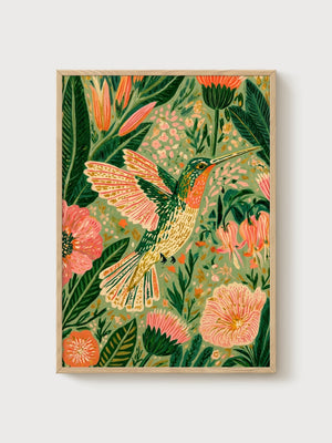 Hummingbird Print poster in oak frame