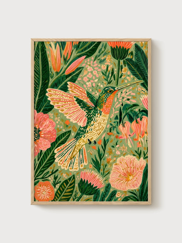 Hummingbird Print poster in oak frame