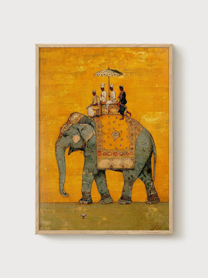 Mughal Elephant Miniature Painting poster in oak frame
