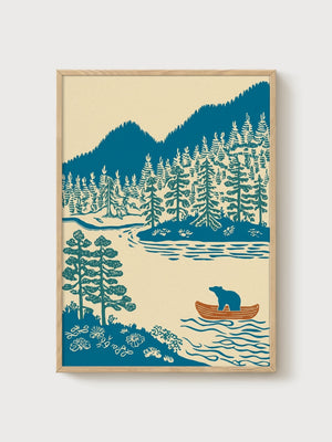 Bear in Boat Lake Wall Art poster in oak frame
