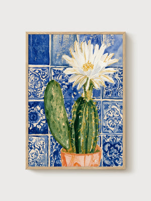 Cactus Wall Art Watercolor Painting poster in oak frame