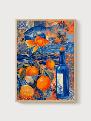 Koi Fish Wall Art poster in oak frame