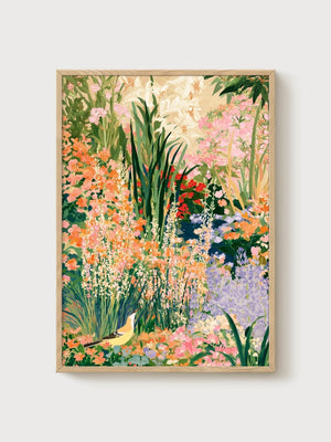 Watercolor Garden Bird Print poster in oak frame