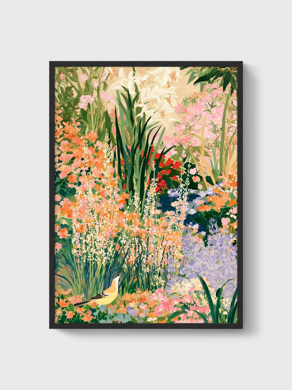 Watercolor Garden Bird Print poster in black frame