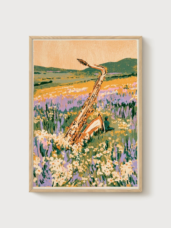 Vintage Saxophone Music Poster poster in oak frame