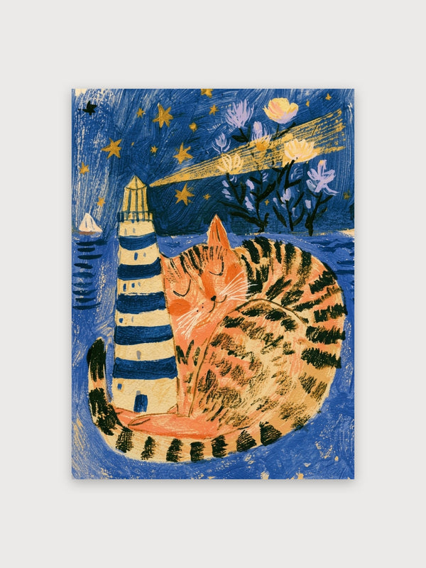 Whimsical Coastal Cat Night - Digital Download