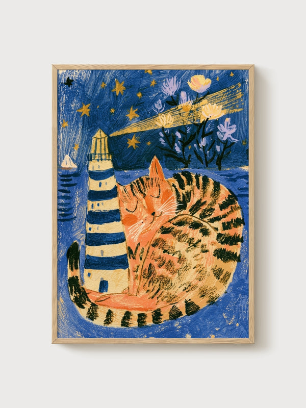 Tabby Cat Lighthouse Poster poster in oak frame