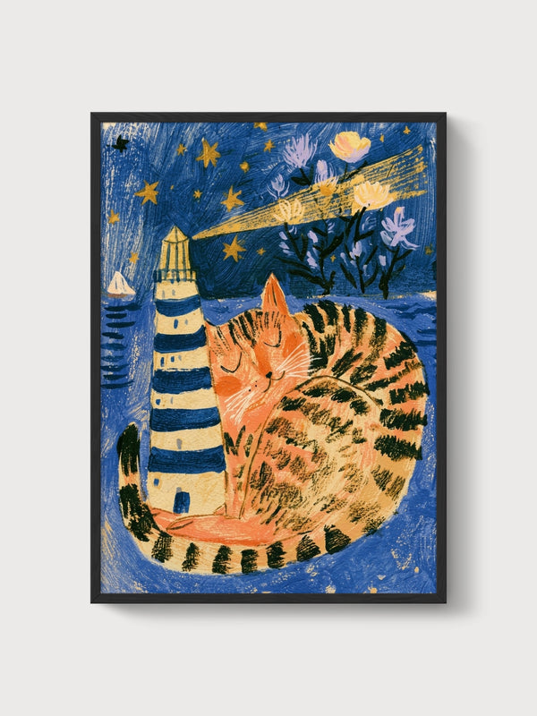 Tabby Cat Lighthouse Poster poster in black frame