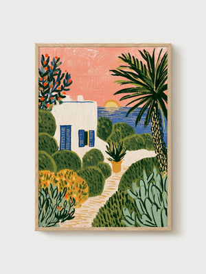 Coastal Cottage Sunset Print poster in oak frame