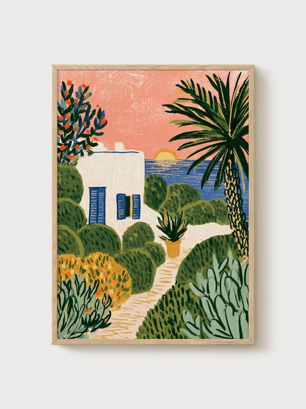 Coastal Cottage Sunset Print poster in oak frame