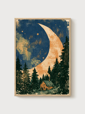 Crescent Moon Cabin Print poster in oak frame
