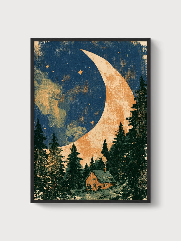 Crescent Moon Cabin Print poster in black frame