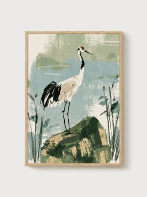 Crane Wall Art poster in oak frame