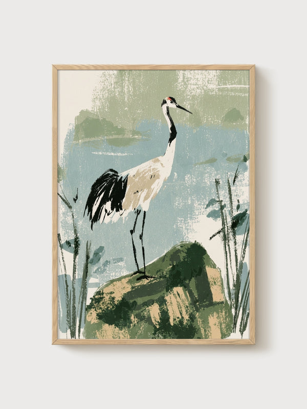 Crane Wall Art poster in oak frame