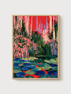 Blue Heron Wall Art poster in oak frame