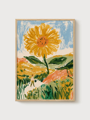 Giant Sunflower Watercolor Print poster in oak frame