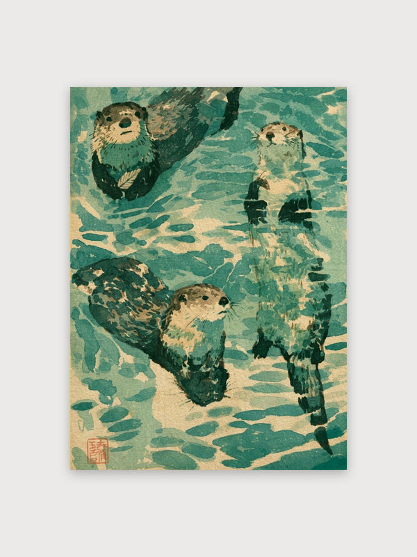 Otters in Water Woodblock - Digital Download