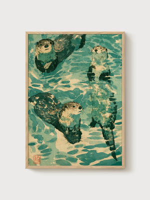 Sea Otters Ukiyo-e Wall Art poster in oak frame
