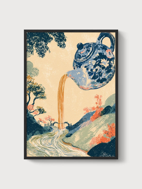 Surreal Teapot Waterfall Print poster in black frame