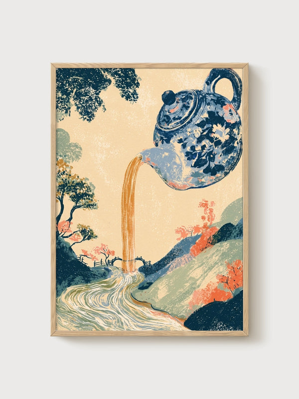 Surreal Teapot Waterfall Print poster in oak frame