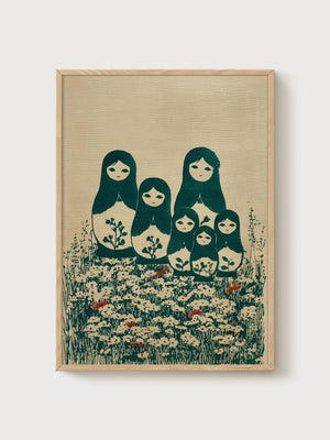 Matryoshka Doll Family Flower Field Print poster in oak frame