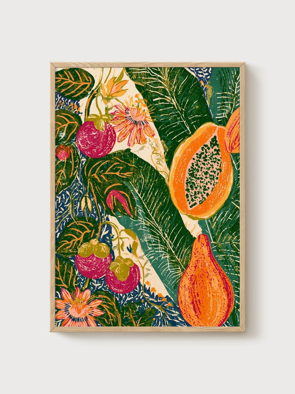 Tropical Fruit Print poster in oak frame