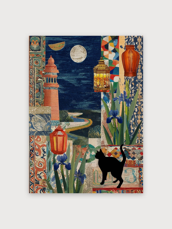 Moonlit Garden With Cat And Lanterns - Digital Download