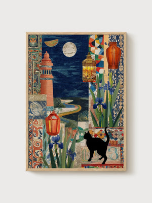 Black Cat Wall Art poster in oak frame