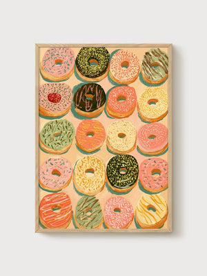 Colorful Donuts Pop Art Print poster in oak frame