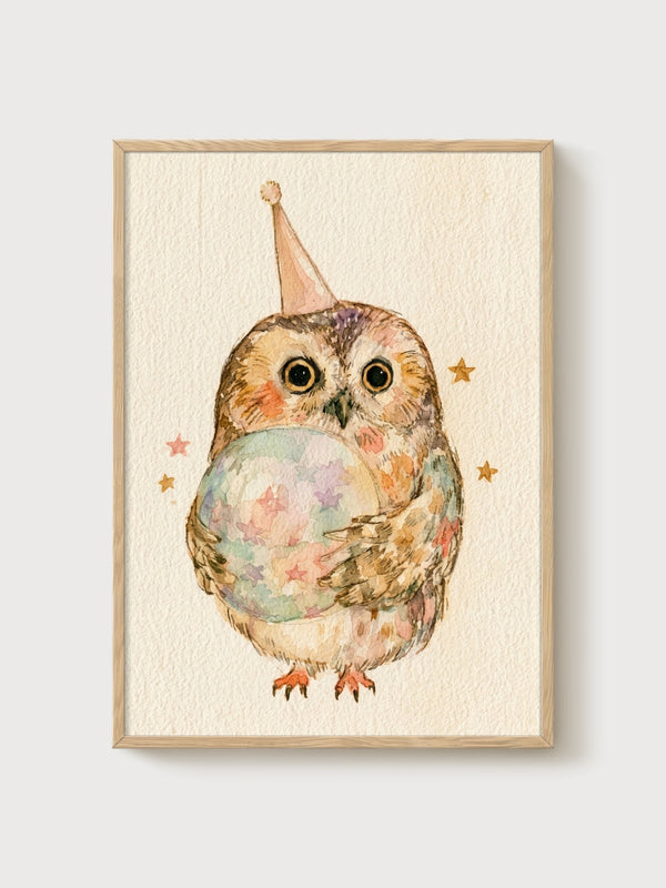 Whimsical Owl Watercolor Print poster in oak frame