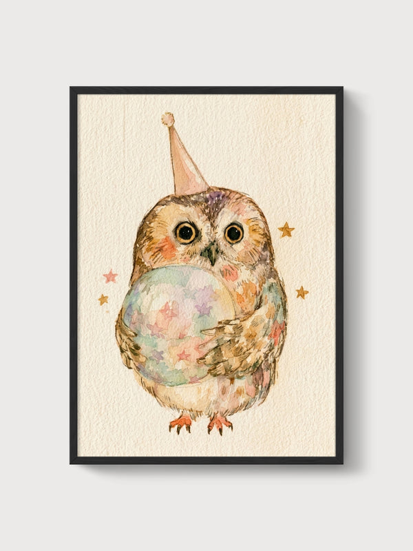 Whimsical Owl Watercolor Print poster in black frame