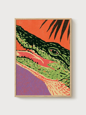 Bold Lizard Pop Art Print poster in oak frame