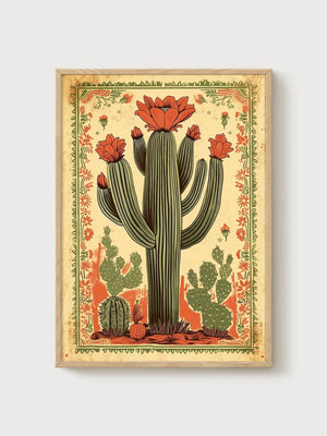 Southwestern Cactus Wall Art poster in oak frame