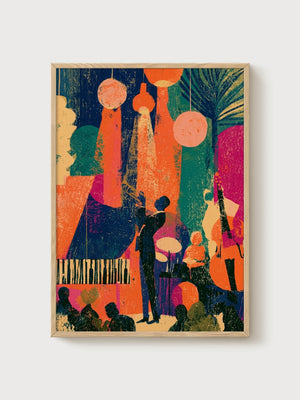 Jazz Band Pop Art Print poster in oak frame