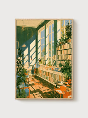 Vintage Record Player Library poster in oak frame