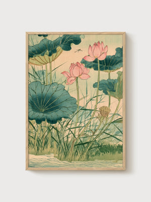 Lotus Pond Japanese Woodblock Print poster in oak frame