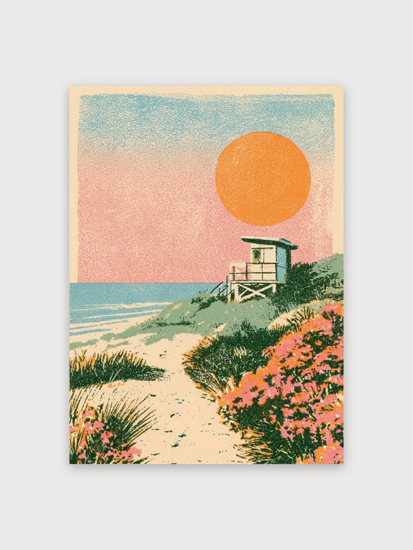 Vintage Coastal Beach Lifeguard Tower Sunset - Digital Download