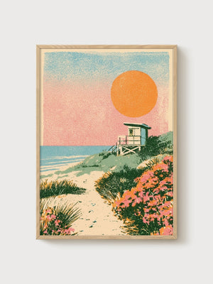 Retro Sunset Beach Print poster in oak frame