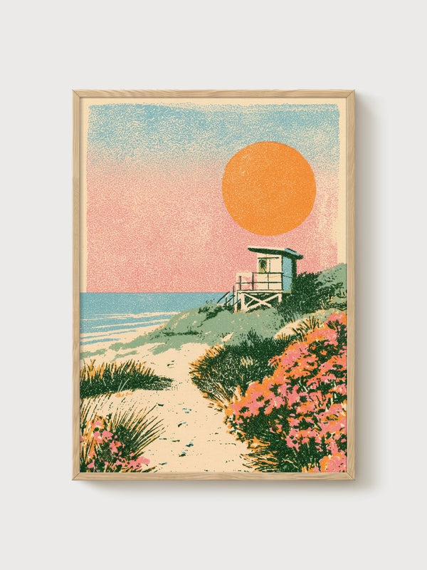 Retro Sunset Beach Print poster in oak frame