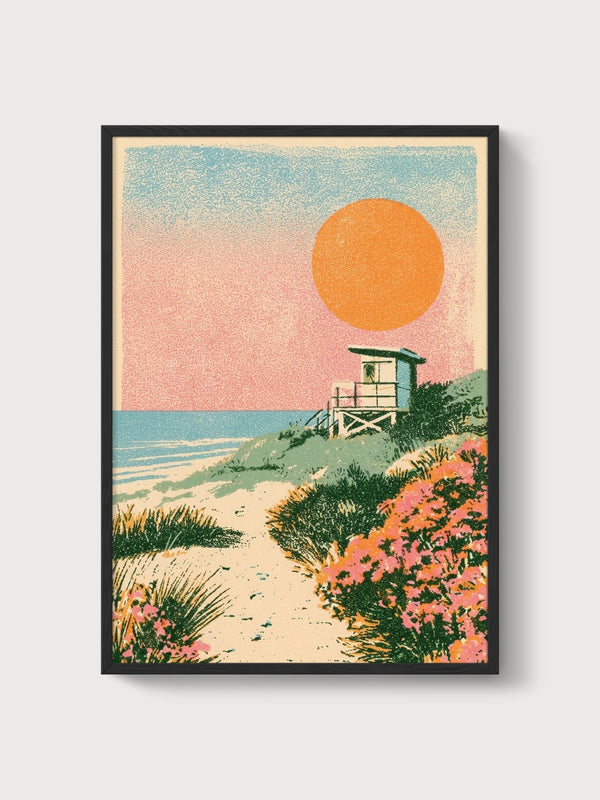 Retro Sunset Beach Print poster in black frame