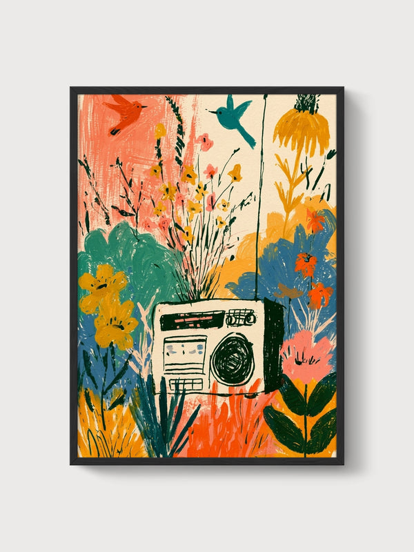 Boombox Garden Art Print poster in black frame