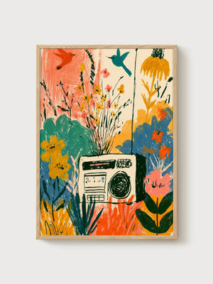 Boombox Garden Art Print poster in oak frame