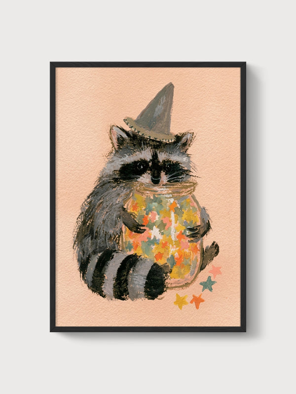 Whimsical Raccoon Watercolor Print poster in black frame