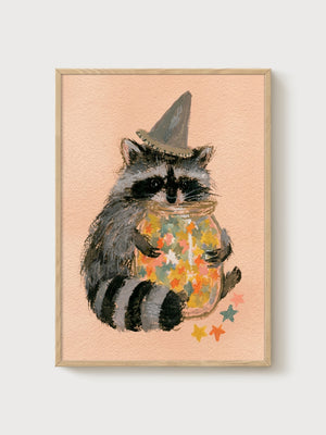 Whimsical Raccoon Watercolor Print poster in oak frame