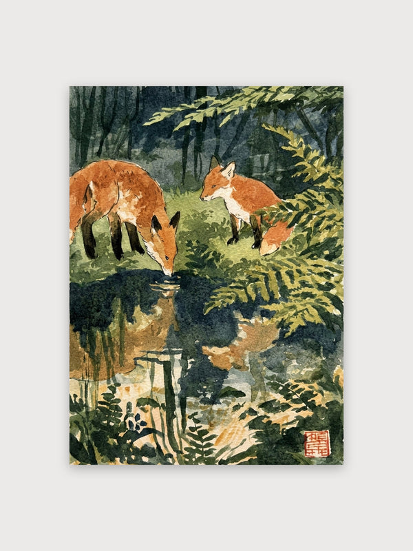 Foxes by Stream Forest Watercolor - Digital Download