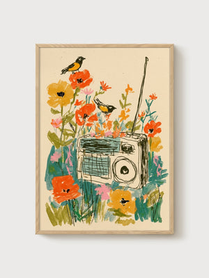 Bird Wall Art Print poster in oak frame